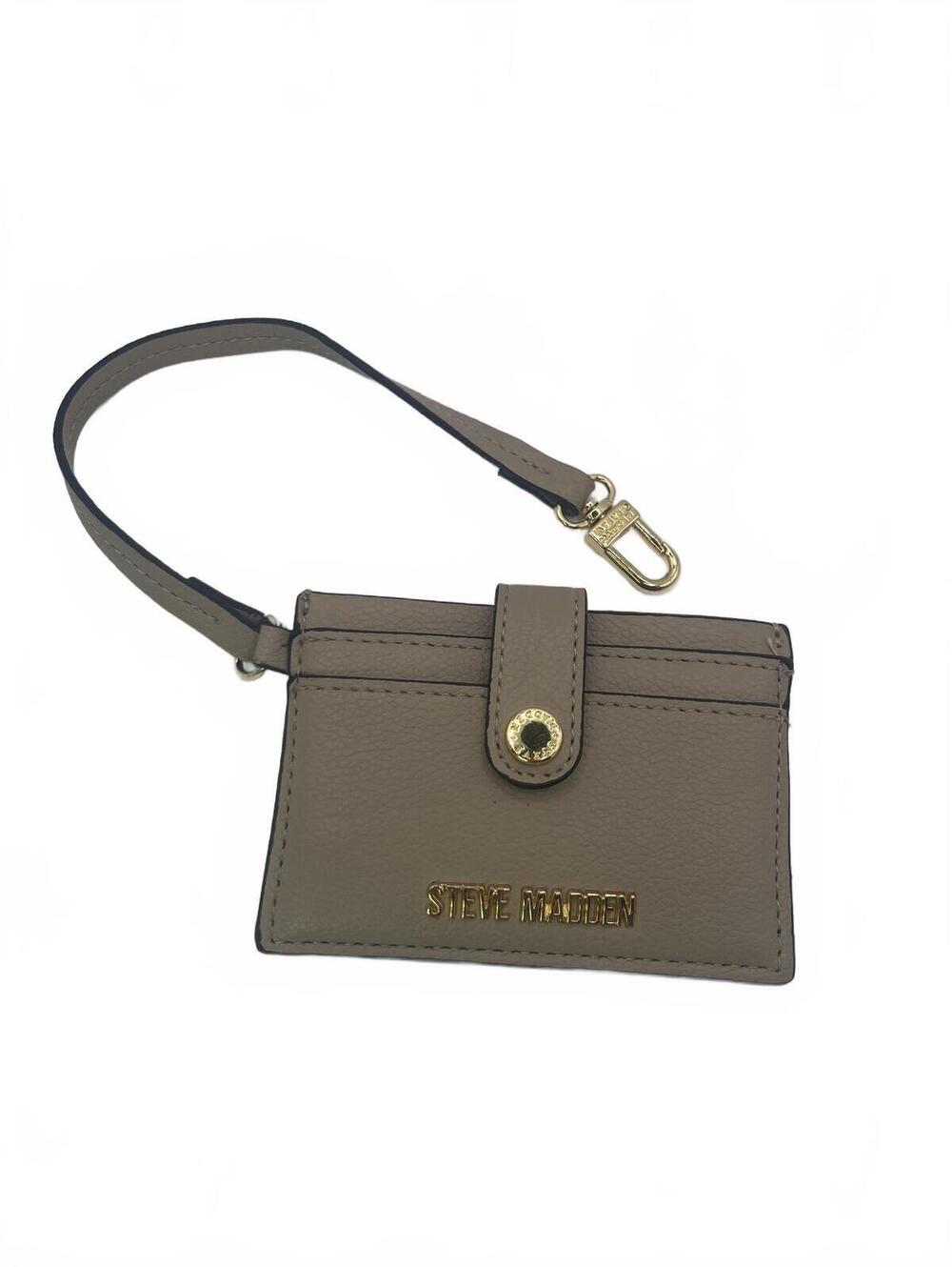 Steve Madden Card Wristlet Wallet with Clip Strap Taupe Faux Leather Mini Wallet